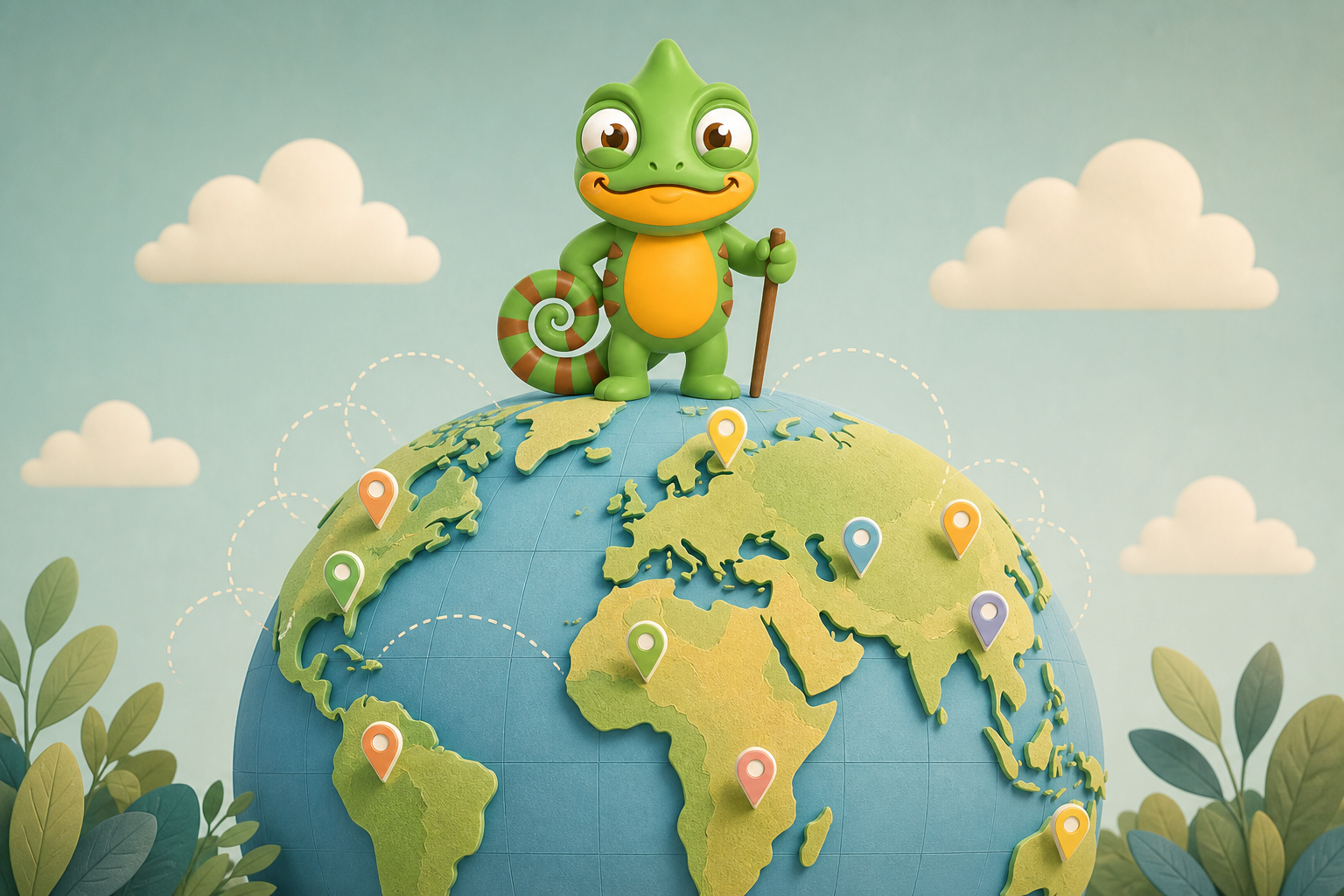 Globe with Chameleo mascot, representing cultural guidance for students