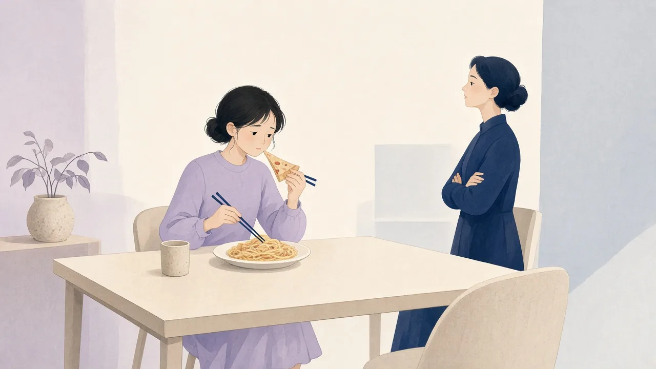 Soft illustration of a person awkwardly eating Italian food with chopsticks at a dining table