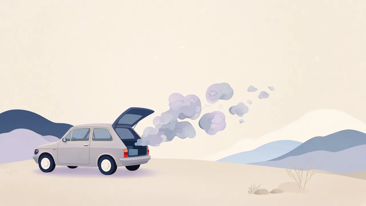 Soft abstract illustration of an open car boot and floating worry symbols, without depicting harm