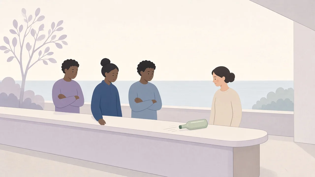 Soft illustration of a bottle sliding along a bar past several people toward one person at the end