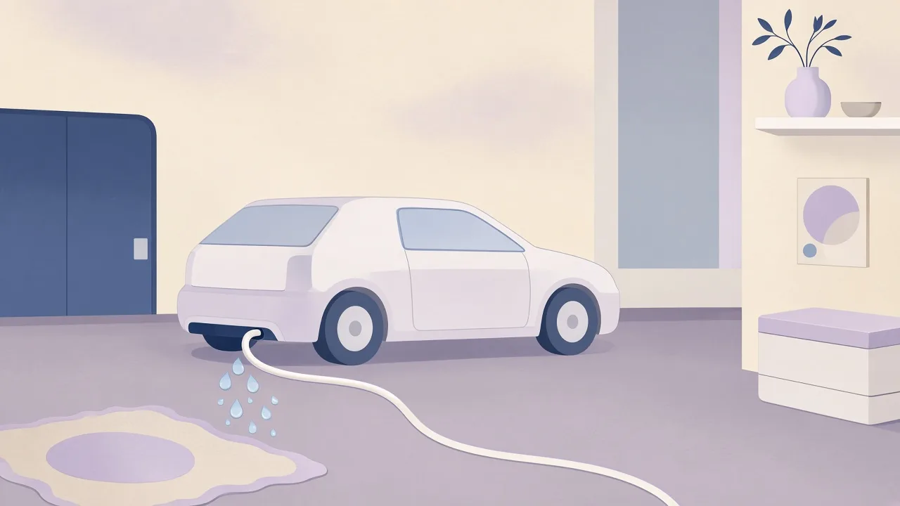 Soft abstract illustration of a calm car and a hose motif suggesting a taboo association, without graphic harm