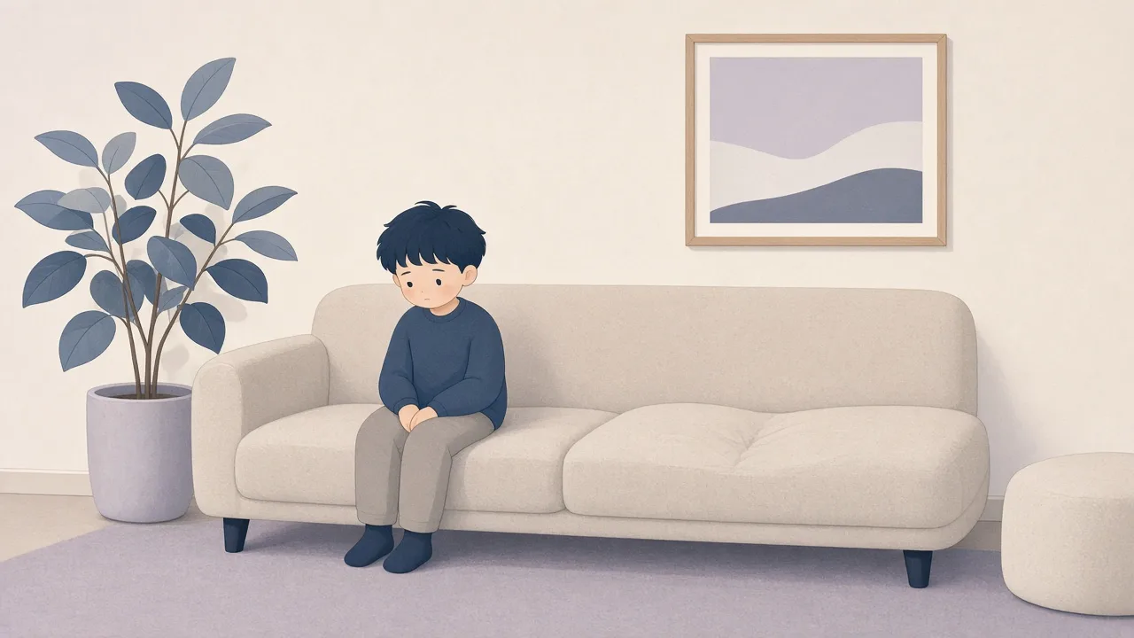 Soft illustration of a living room where a child sits alone on a sofa with an empty place beside them