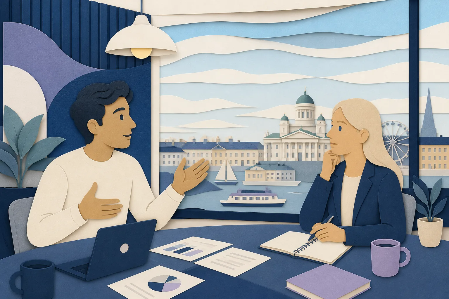 Papercut scene: founder pitching while a Finnish investor sits in quiet silence