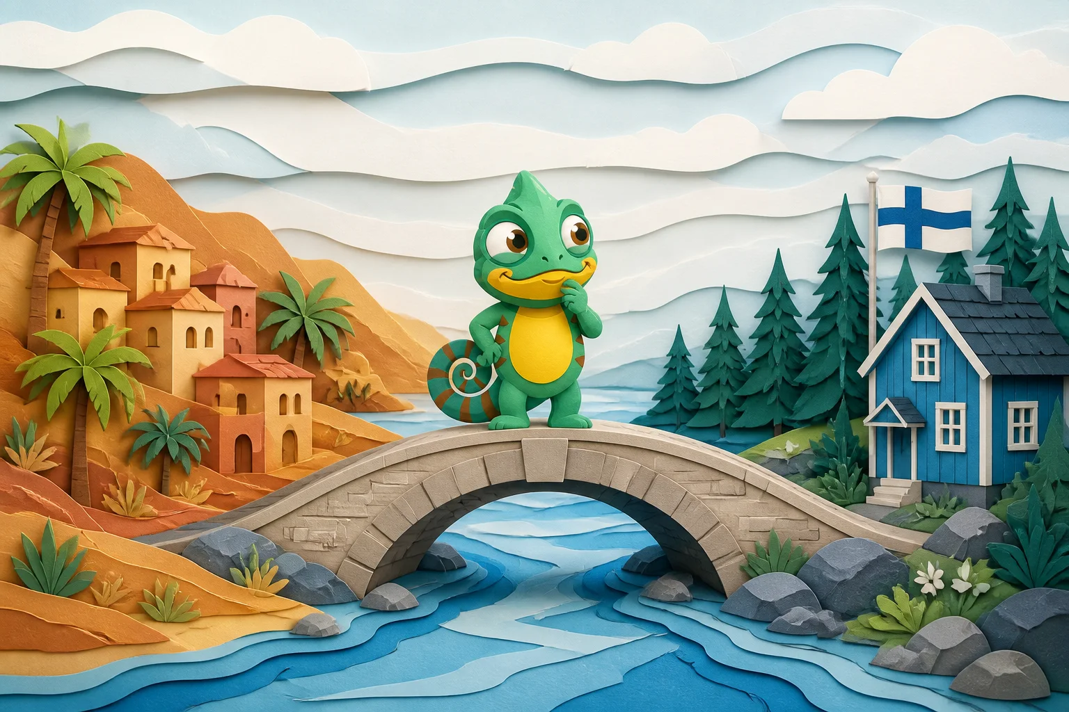 Papercut bridge with a thoughtful green Chameleo mascot in the middle