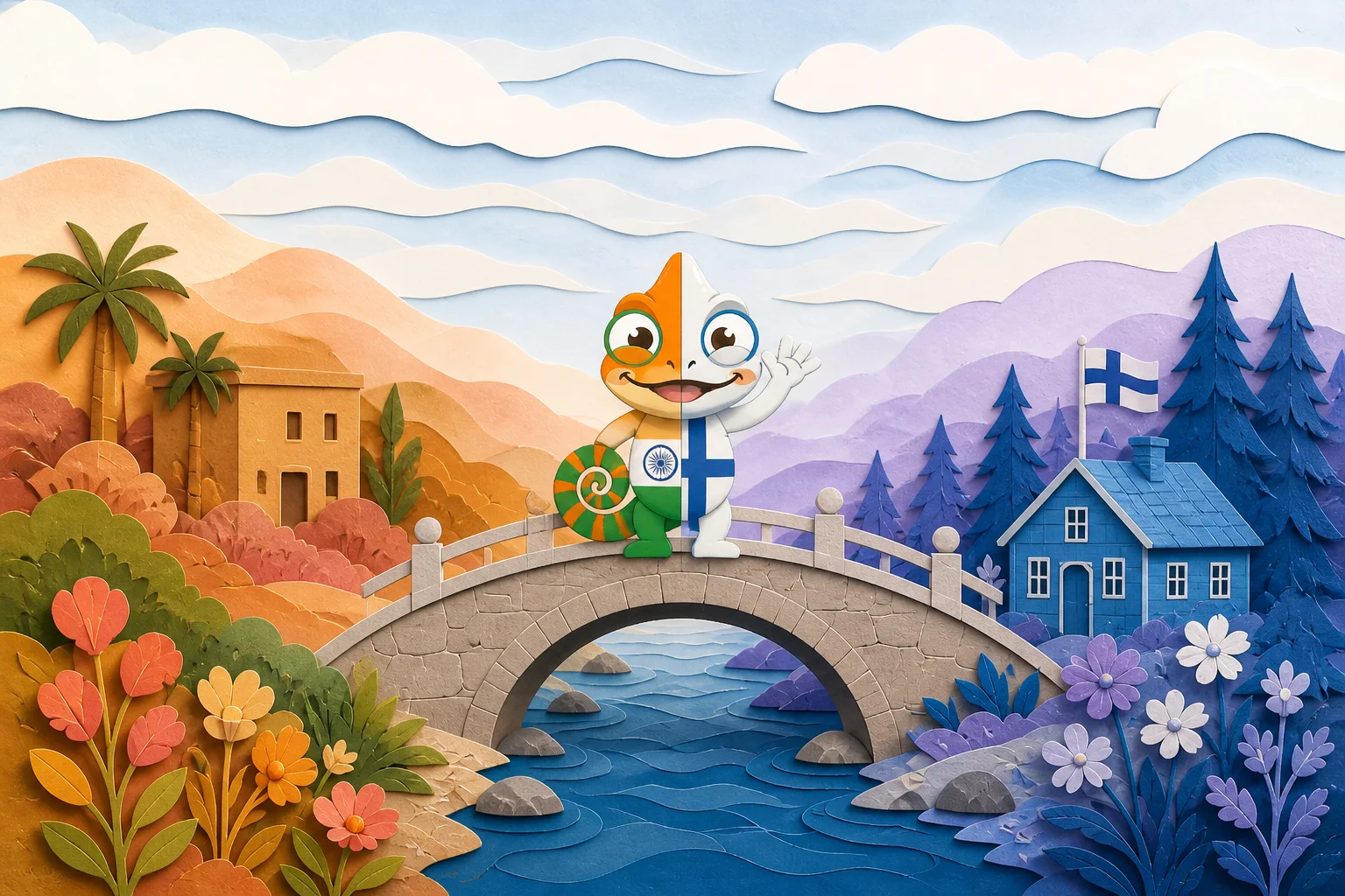 Papercut cultural bridge with Chameleo mascot
